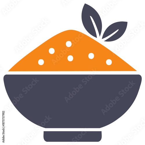 Bowl of Orange Porridge with White Spots Topped with Two Dark Green Leaves