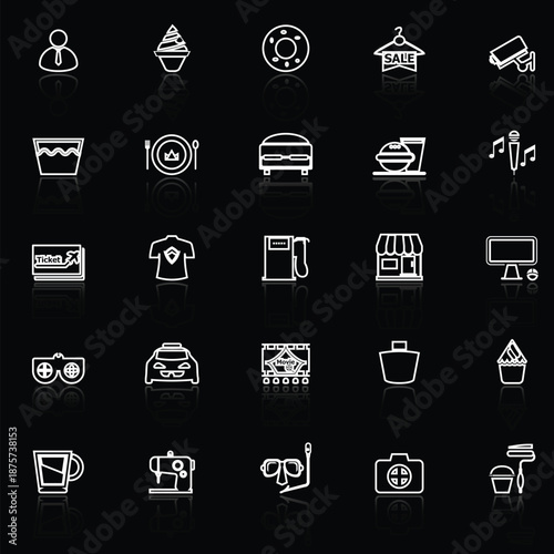 Franchisee business line icons with reflect on black