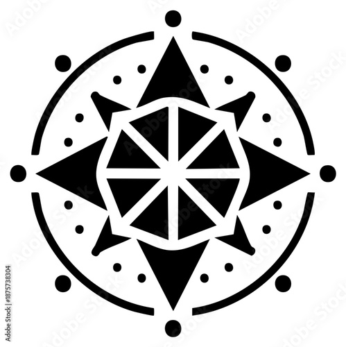 Black compass rose symbol with geometric design and directional points