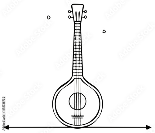 Minimalist black and white line art of a traditional Portuguese guitar string instrument