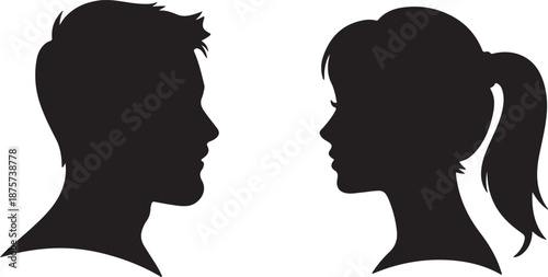 Modern profile silhouettes of a man with short hair and a woman with a ponytail facing each other