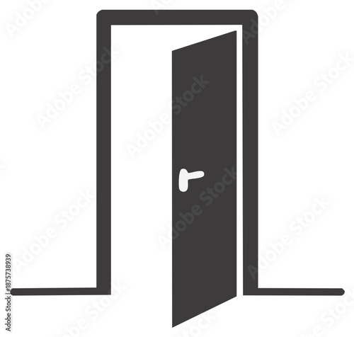 Simple graphic icon of a dark gray door slightly ajar with a white door handle