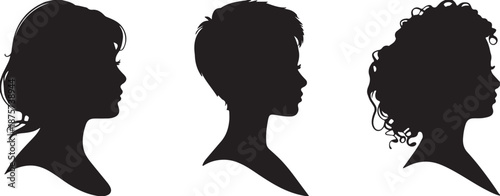 Three distinct female head profiles with different hairstyles posed side by side