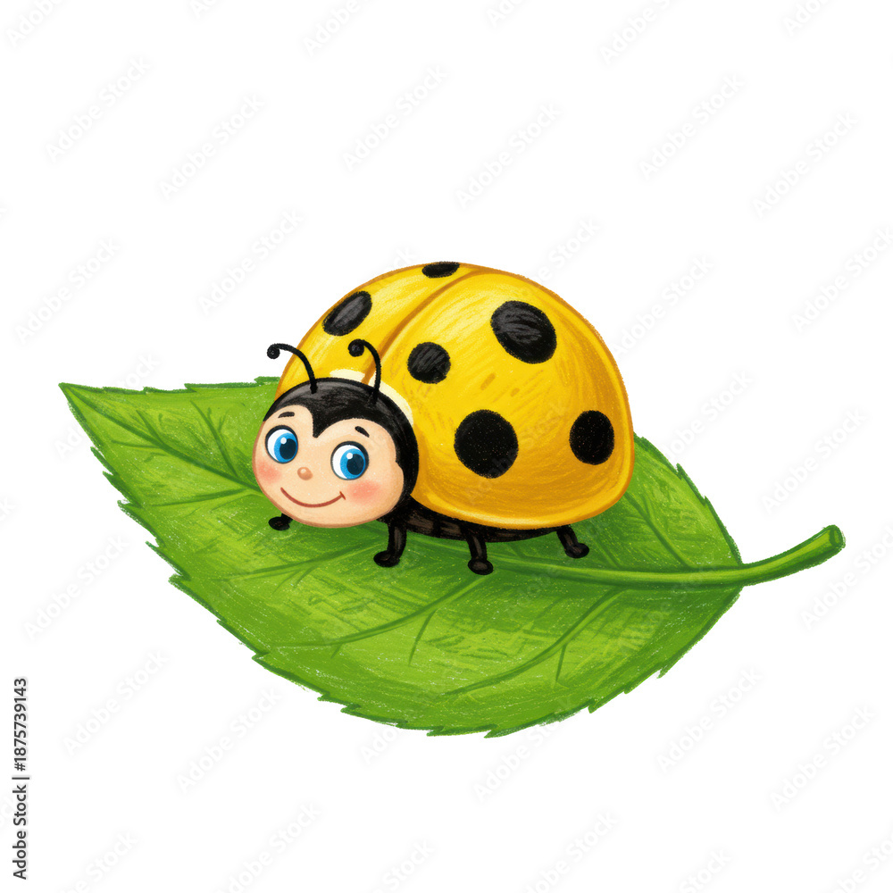 Obraz premium Cheerful cartoon ladybug with yellow body, black spots, and blue eyes smiling on a vibrant green textured leaf against a transparent background, joyful nature illustration for children