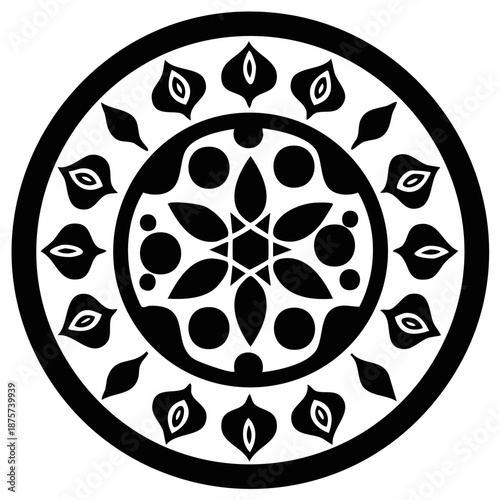 Abstract Geometric Mandala Pattern in Black and White with Repeating Shapes and Symmetry