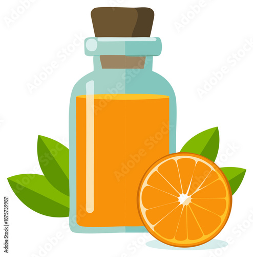 Orange essential oil in glass bottle with orange fruit and leaves