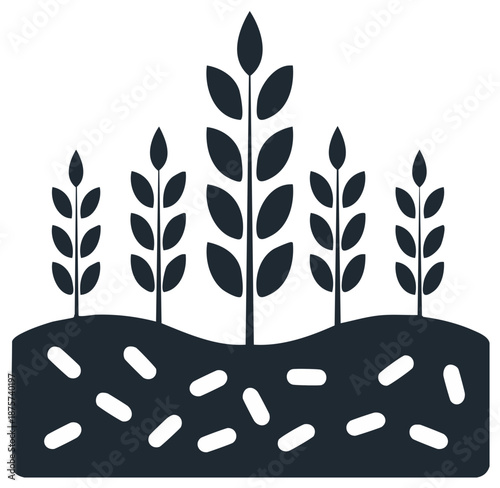 Stylized Grain Plants Growing from Healthy Soil with Nutrient Elements