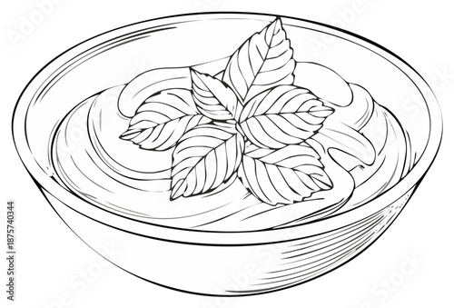 Stylized bowl of creamy sauce adorned with fresh basil leaves black and white drawing