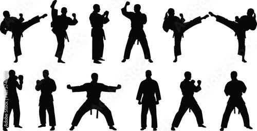 Karate martial arts silhouettes set showing fighting stances kicks punches training poses isolated on white background black vector illustration collection