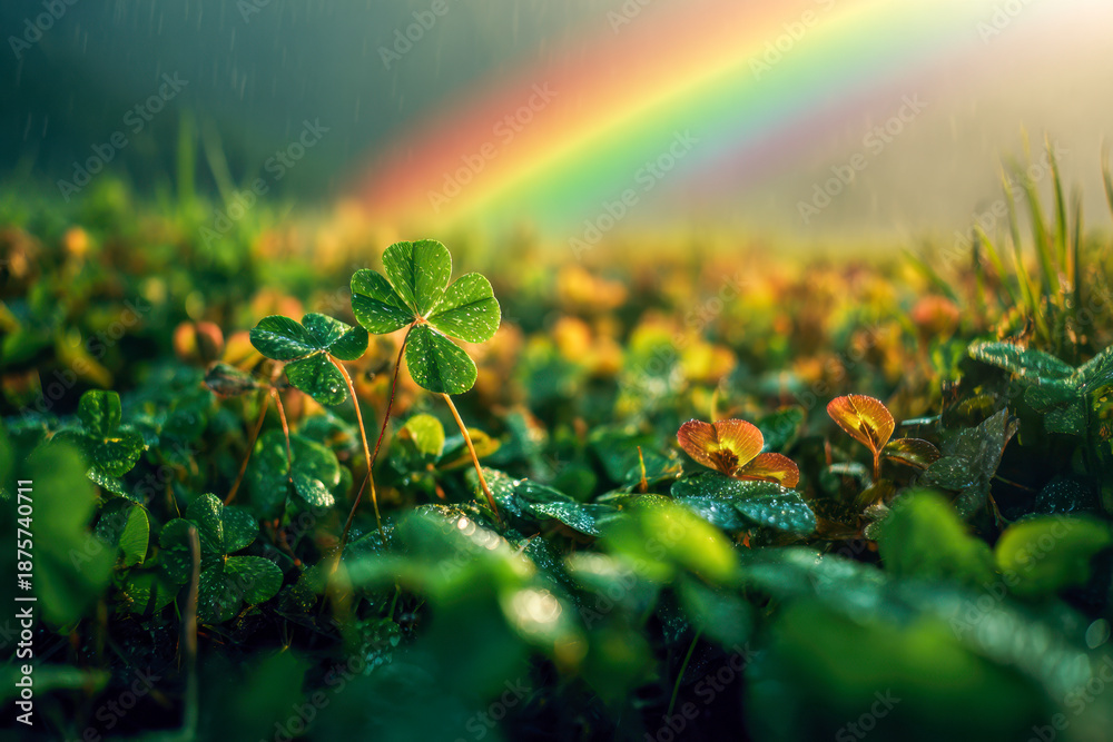 Obraz premium Rain-soaked clover plants in a lush green field with a vibrant rainbow arching across the misty sky creating a serene and magical natural scene