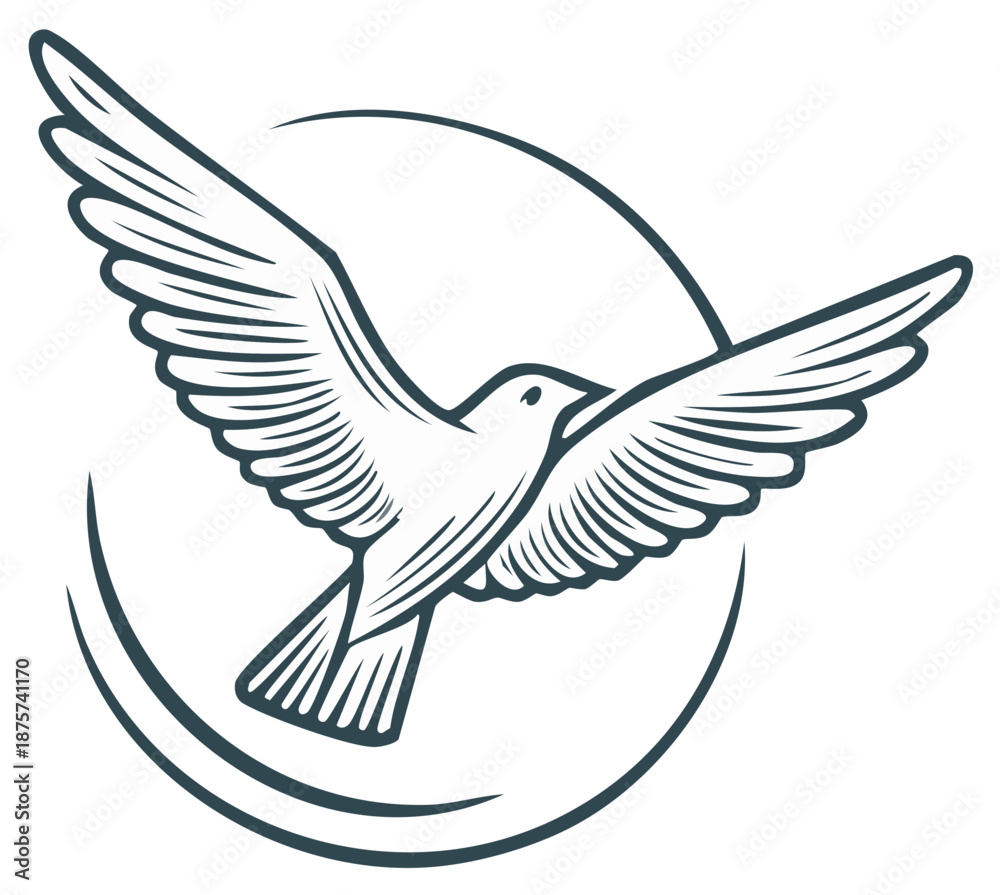 Fototapeta premium Dove flying in circle logo. Vector illustration in line art style.