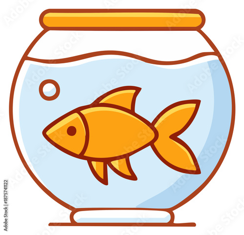 Cartoon orange goldfish swimming in a round glass fishbowl filled with clear blue water and bubbles