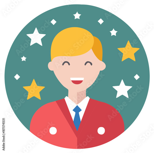 Illustration of Happy Person with Stars Surrounding them in Round Frame Shape
