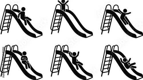 Children playing on playground slide silhouette set with different sliding poses, fun park activity icons, black vector illustration collection isolated on white background.