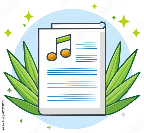 Illustrated song lyrics sheet with musical notes and natural green leaves