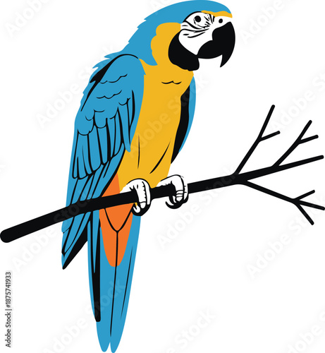 Minimalist vector sticker of a parrot perched, simplified feather shapes, clean outline, flat design, white background, tourism and lifestyle use 2