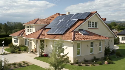 Modern Suburban Home with Solar Panels Surrounded by a Green Garden