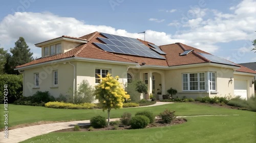 Modern Suburban Home with Solar Panels Surrounded by a Green Garden
