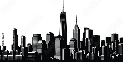 Modern city skyline silhouette illustration, urban downtown skyscrapers horizon panorama, black architecture vector isolated on white background