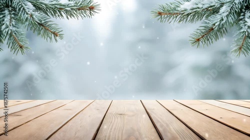 Winter Wonderland Falling Snow on a Wooden Deck and Evergreen Pines