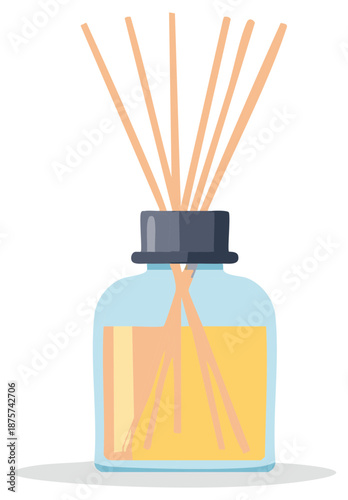 Aromatic reed diffuser with wood sticks illustration. Home fragrance concept.
