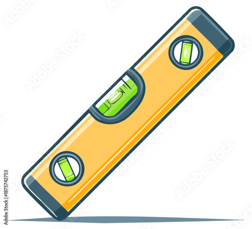 Yellow spirit level construction tool vector illustration with green vials for measuring precision and accuracy