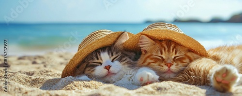 Banner with two cats relax on beach wearing straw hats under the sun near the ocean. Vacations and beach holidays.