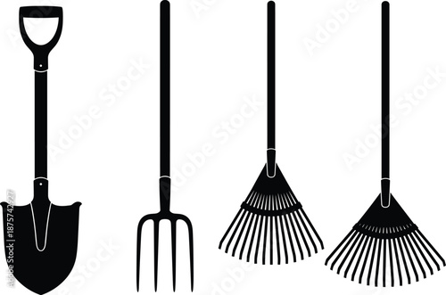Garden tools silhouette set with shovel, pitchfork and rakes, black farming and landscaping equipment icons isolated on white background for outdoor work concept