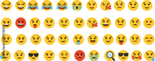 Emoji icon set with different facial expressions, smiling, laughing, crying, angry and cool faces, colorful emoticons collection for chat, social media and messaging