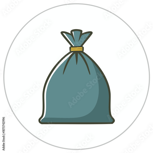 Illustrated trash bag icon on white background represents waste disposal and cleanup