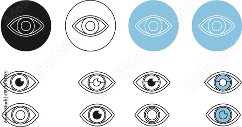 Eye icon set with outline and filled styles in black and blue circle buttons, vision view symbols for UI, visibility, privacy and security interface design