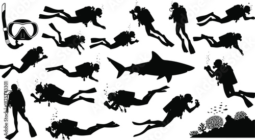 Scuba diving silhouettes set with divers underwater, shark silhouette, marine life exploration, snorkeling equipment, ocean adventure vector illustration