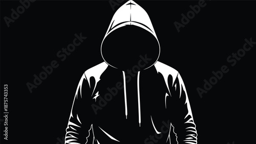 Anonymous hooded hacker silhouette illustration, dark mystery cyber security concept, faceless person hoodie, black and white vector art