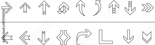 Outline arrow icon set with different directions and styles, navigation symbols for web and mobile interface, minimal line design for UI and infographic elements