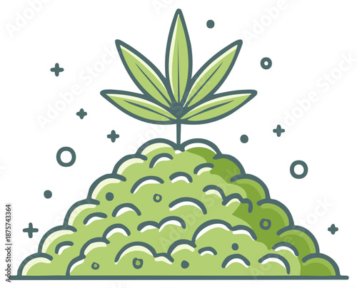 Green cannabis plant leaf rising from textured marijuana buds pile decorative graphic