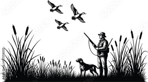 Duck hunting silhouette with hunter and dog in wetland reeds, flying birds overhead, outdoor waterfowl hunting scene, black vector illustration on white background