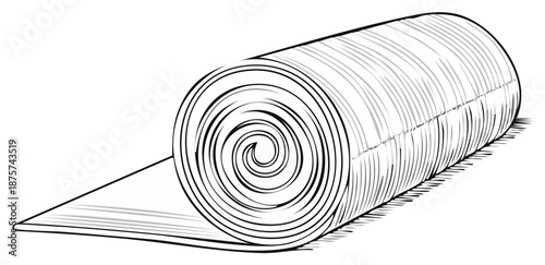Detailed line art illustration of a partially unrolled textile mat or floor covering in black and white graphic style
