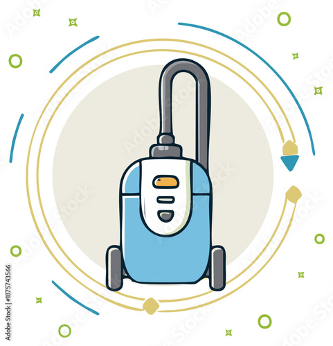 Cartoon Vacuum Cleaner Illustration with Circle Border and Star Accents