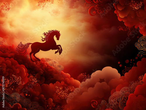 Zodiac horse silhouette emerging from red clouds in a dramatic Chinese New Year fantasy scene.
