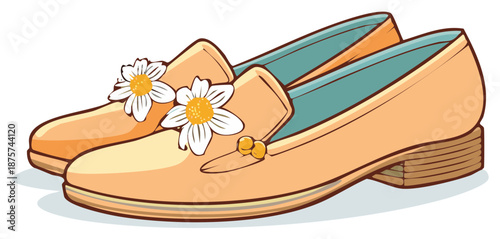 Stylish peach loafers adorned with white daisies and golden beads elegant feminine footwear vector illustration