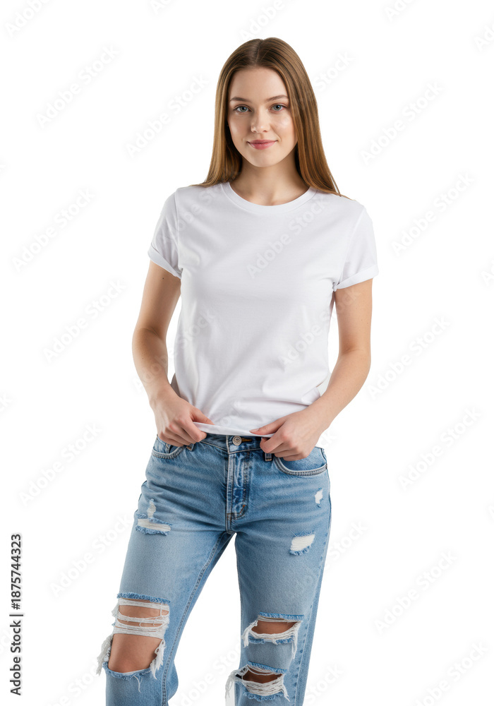 Obraz premium Young caucasian woman in white t-shirt and ripped jeans, pulling shirt up slightly, standing against a transparent studio background with copy space. Concept for casual apparel mockup