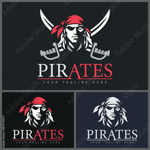 Φωτογραφία Pirate Face Head Mascot Logo Set with Crossed Swords Vector Illustration