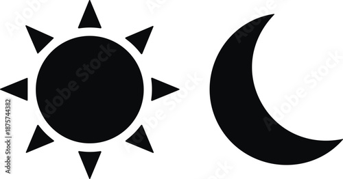 Black silhouette of a sun with rays and a crescent moon, day and night cycle icons, celestial sky symbols, weather,