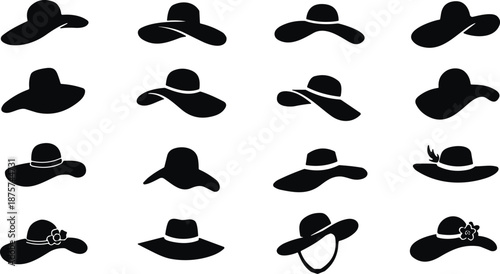 Set of black silhouettes of elegant women's hats, summer sun hats, wide brim beach headwear icons, female fashion accessories collection,