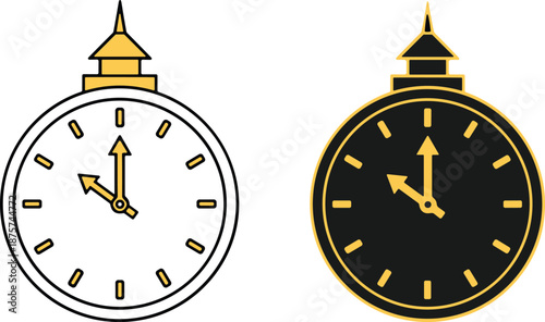 Set of vintage pocket watch icons in line art and black silhouette with gold accents, classic timepiece for measuring time,