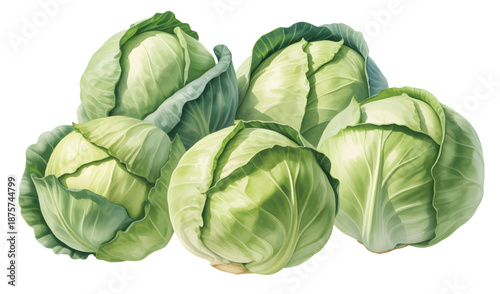 Farm harvest green cabbages painted in natural watercolor style.