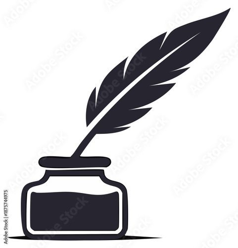 Classic black silhouette of a quill pen and inkwell for calligraphy or signature