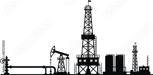 Black silhouette of oil rig and gas industry equipment, petroleum drilling platform with pumpjack and storage tanks, energy production landscape,