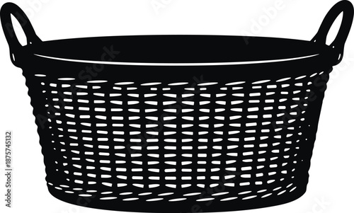 Black silhouette of a traditional woven wicker basket with handles, laundry hamper icon, picnic storage container, household basketry vector illustration,