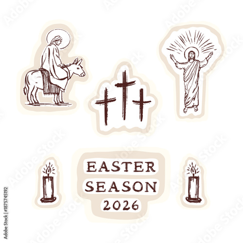 Good Friday 2026 religious christian easter icon set with calvary crosses, crown of thorns, Jesus nails symbol set. Hand drawn isolated vector motif illustration for church announcement card